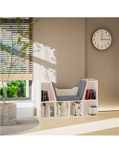 HOMCOM Bookcase Storage Shelf with Cushioned Reading Seat, Cube Bookshelf Organizer for Bedroom Living Room, White