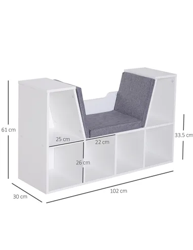 HOMCOM Bookcase Storage Shelf with Cushioned Reading Seat, Cube Bookshelf Organizer for Bedroom Living Room, White