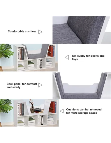 HOMCOM Bookcase Storage Shelf with Cushioned Reading Seat, Cube Bookshelf Organizer for Bedroom Living Room, White
