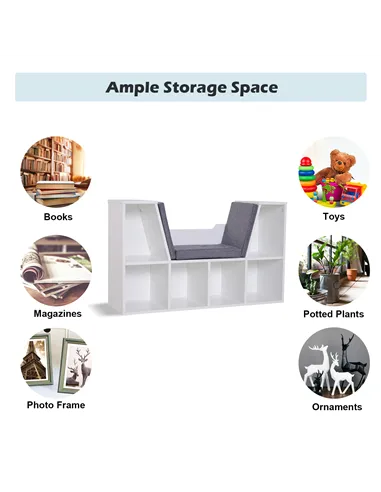 HOMCOM Bookcase Storage Shelf with Cushioned Reading Seat, Cube Bookshelf Organizer for Bedroom Living Room, White