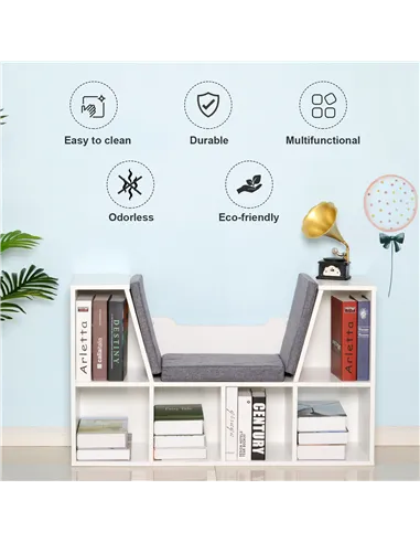 HOMCOM Bookcase Storage Shelf with Cushioned Reading Seat, Cube Bookshelf Organizer for Bedroom Living Room, White