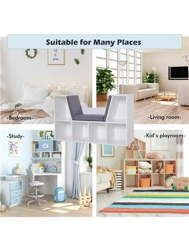 HOMCOM Bookcase Storage Shelf with Cushioned Reading Seat, Cube Bookshelf Organizer for Bedroom Living Room, White