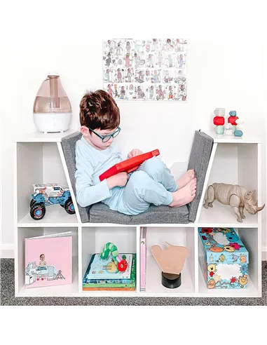 HOMCOM Bookcase Storage Shelf with Cushioned Reading Seat, Cube Bookshelf Organizer for Bedroom Living Room, White