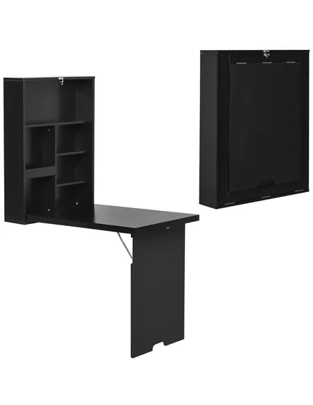 HOMCOM Folding Wall-Mounted Drop-Leaf Table, Convertible Wall Table With Chalkboard and Storage Shelf, Multifunctional Floating 