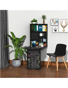 HOMCOM Folding Wall-Mounted Drop-Leaf Table, Convertible Wall Table With Chalkboard and Storage Shelf, Multifunctional Floating  2