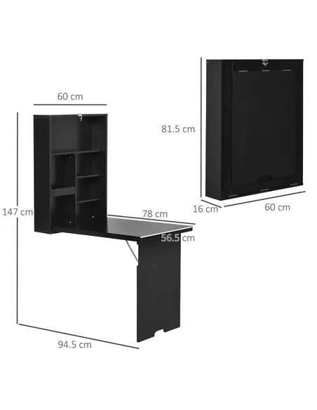 HOMCOM Folding Wall-Mounted Drop-Leaf Table, Convertible Wall Table With Chalkboard and Storage Shelf, Multifunctional Floating 
