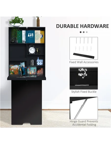 HOMCOM Folding Wall-Mounted Drop-Leaf Table, Convertible Wall Table With Chalkboard and Storage Shelf, Multifunctional Floating 