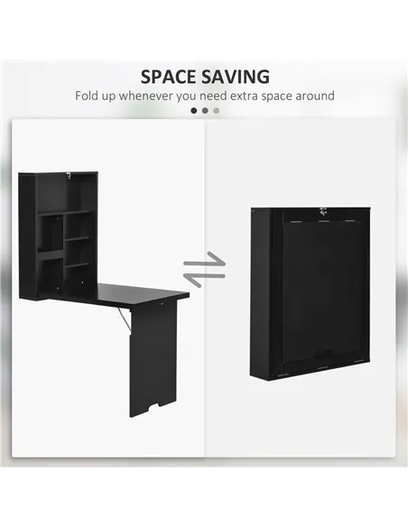 HOMCOM Folding Wall-Mounted Drop-Leaf Table, Convertible Wall Table With Chalkboard and Storage Shelf, Multifunctional Floating 