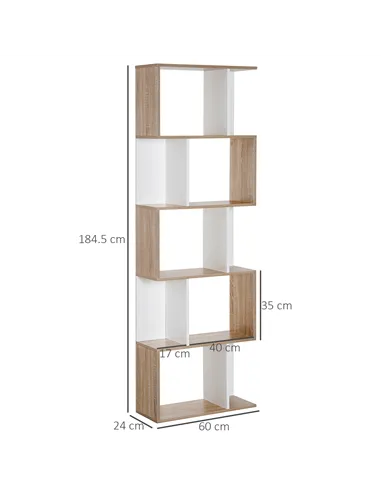 HOMCOM Bookcase, S-Shaped Wooden Bookshelf, 5/6 Tiers Freestanding Storage Shelf, Home Office Decorative Display Stand Rack, Oak