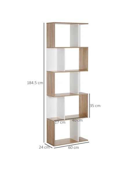 HOMCOM Bookcase, S-Shaped Wooden Bookshelf, 5/6 Tiers Freestanding Storage Shelf, Home Office Decorative Display Stand Rack, Oak