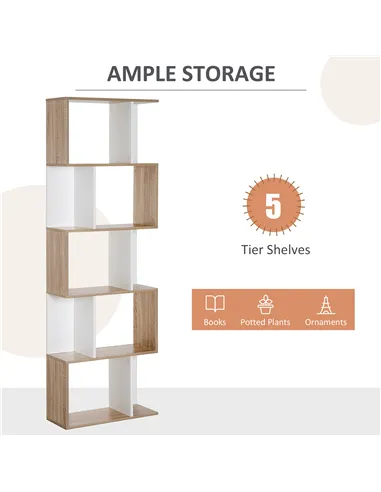 HOMCOM Bookcase, S-Shaped Wooden Bookshelf, 5/6 Tiers Freestanding Storage Shelf, Home Office Decorative Display Stand Rack, Oak
