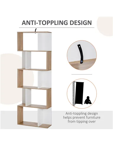 HOMCOM Bookcase, S-Shaped Wooden Bookshelf, 5/6 Tiers Freestanding Storage Shelf, Home Office Decorative Display Stand Rack, Oak