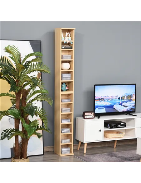 HOMCOM 204 CD Media Display Shelf Unit Set of 2 Blu-Ray Tower Rack w/ Adjustable Shelves Bookcase Storage Organiser, Natural Woo