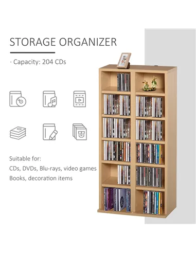 HOMCOM 204 CD Media Display Shelf Unit Set of 2 Blu-Ray Tower Rack w/ Adjustable Shelves Bookcase Storage Organiser, Natural Woo