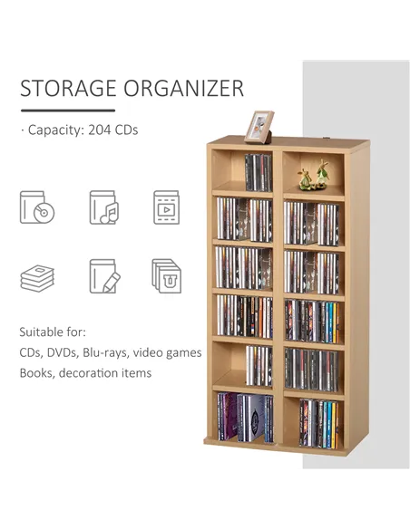 HOMCOM 204 CD Media Display Shelf Unit Set of 2 Blu-Ray Tower Rack w/ Adjustable Shelves Bookcase Storage Organiser, Natural Woo