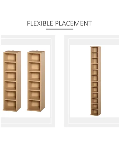 HOMCOM 204 CD Media Display Shelf Unit Set of 2 Blu-Ray Tower Rack w/ Adjustable Shelves Bookcase Storage Organiser, Natural Woo