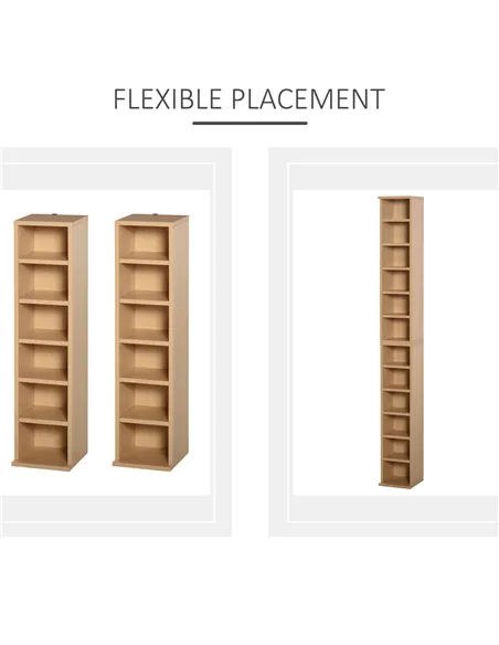 HOMCOM 204 CD Media Display Shelf Unit Set of 2 Blu-Ray Tower Rack w/ Adjustable Shelves Bookcase Storage Organiser, Natural Woo