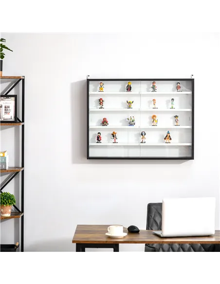 HOMCOM 5-Tier Wall Display Shelf Unit Cabinet w/ 4 Adjustable Shelves Glass Doors Home Office Ornaments 60x80cm Black/White
