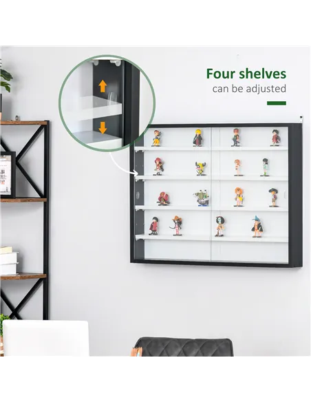 HOMCOM 5-Tier Wall Display Shelf Unit Cabinet w/ 4 Adjustable Shelves Glass Doors Home Office Ornaments 60x80cm Black/White
