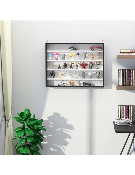 HOMCOM 5-Tier Wall Display Shelf Unit Cabinet w/ 4 Adjustable Shelves Glass Doors Home Office Ornaments 60x80cm Black/White