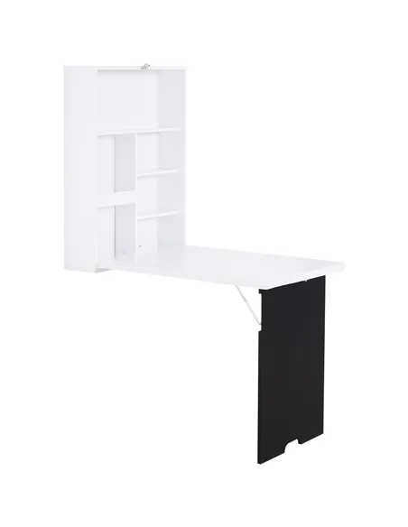 HOMCOM Folding Wall-Mounted Drop-Leaf Table, Convertible Wall Table With Chalkboard and Storage Shelf, Multifunctional Floating 