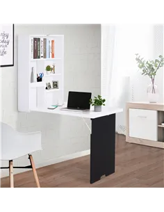 HOMCOM Folding Wall-Mounted Drop-Leaf Table, Convertible Wall Table With Chalkboard and Storage Shelf, Multifunctional Floating  2