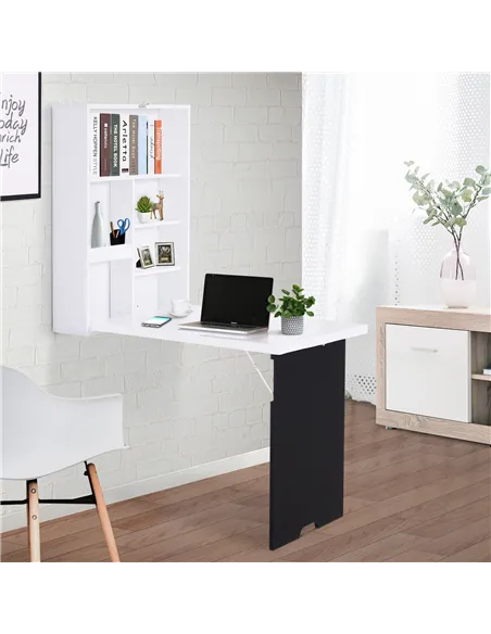 HOMCOM Folding Wall-Mounted Drop-Leaf Table, Convertible Wall Table With Chalkboard and Storage Shelf, Multifunctional Floating 