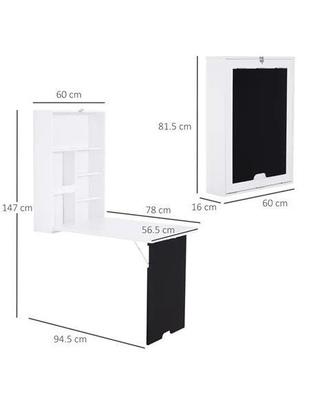 HOMCOM Folding Wall-Mounted Drop-Leaf Table, Convertible Wall Table With Chalkboard and Storage Shelf, Multifunctional Floating 