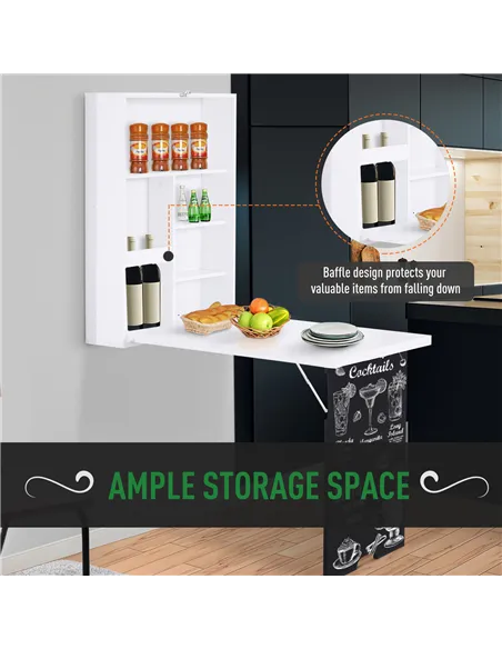 HOMCOM Folding Wall-Mounted Drop-Leaf Table, Convertible Wall Table With Chalkboard and Storage Shelf, Multifunctional Floating 