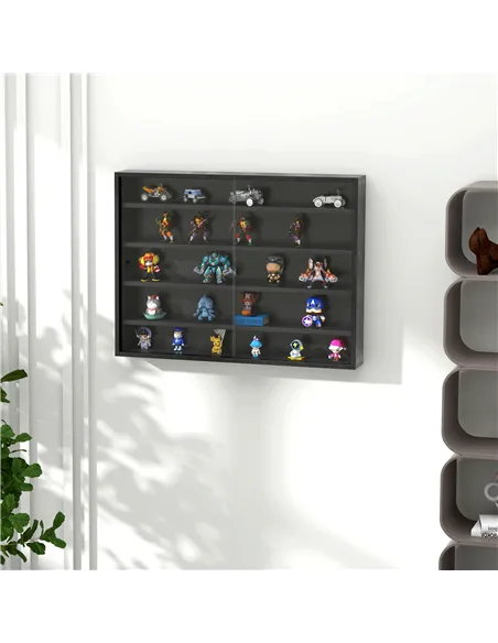 HOMCOM 5-Tier Wall Display Shelf Unit Cabinet w/ 4 Adjustable Shelves Glass Doors Home Office Ornaments 60x80cm Black