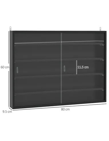 HOMCOM 5-Tier Wall Display Shelf Unit Cabinet w/ 4 Adjustable Shelves Glass Doors Home Office Ornaments 60x80cm Black