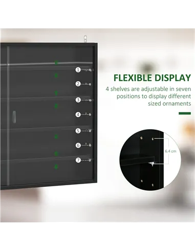HOMCOM 5-Tier Wall Display Shelf Unit Cabinet w/ 4 Adjustable Shelves Glass Doors Home Office Ornaments 60x80cm Black