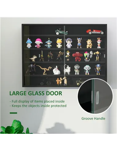 HOMCOM 5-Tier Wall Display Shelf Unit Cabinet w/ 4 Adjustable Shelves Glass Doors Home Office Ornaments 60x80cm Black