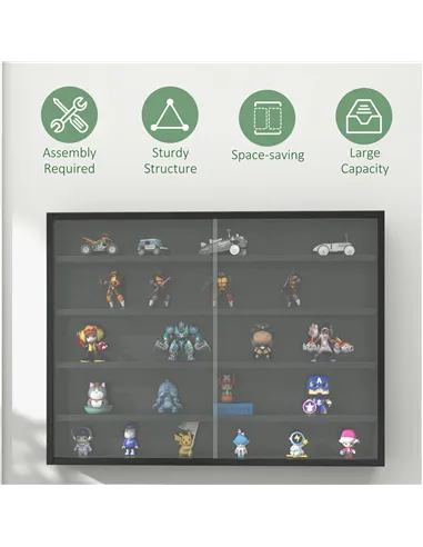 HOMCOM 5-Tier Wall Display Shelf Unit Cabinet w/ 4 Adjustable Shelves Glass Doors Home Office Ornaments 60x80cm Black