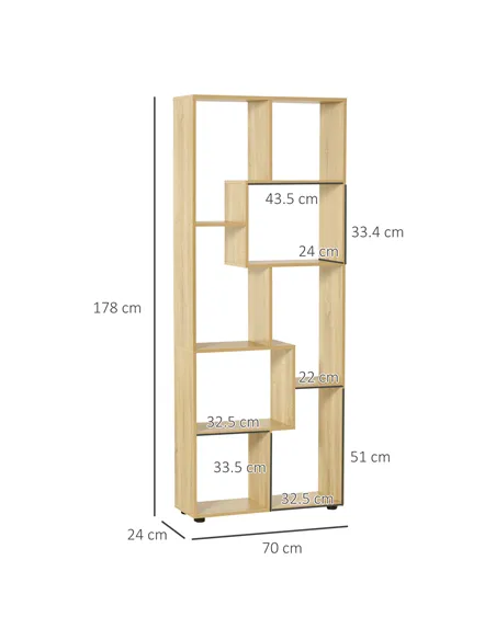 HOMCOM 8-Cube Bookcase, Tall Display Shelf, Standing Storage Rack for Study Room, Living Room, 70 x 24 x 178cm, Natural