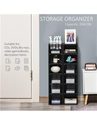 HOMCOM 204 CD Media Display Shelf Unit Set of 2 Blu-Ray Tower Rack w/ Adjustable Shelves Bookcase Storage Organiser, Black