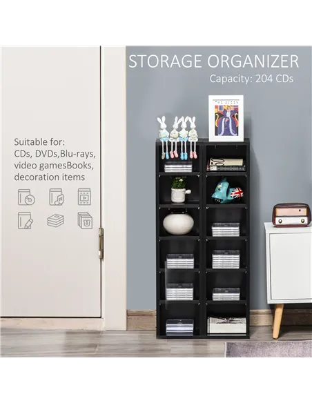 HOMCOM 204 CD Media Display Shelf Unit Set of 2 Blu-Ray Tower Rack w/ Adjustable Shelves Bookcase Storage Organiser, Black