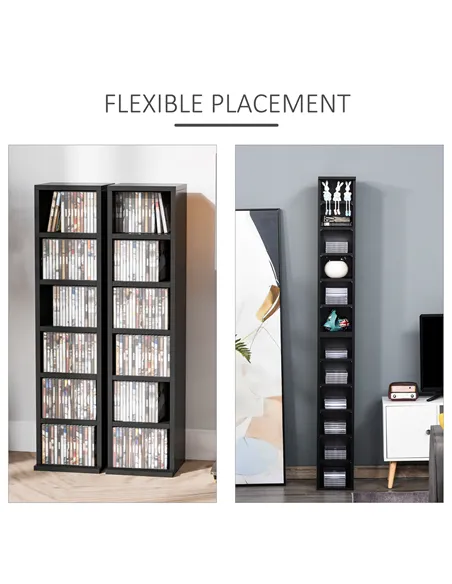 HOMCOM 204 CD Media Display Shelf Unit Set of 2 Blu-Ray Tower Rack w/ Adjustable Shelves Bookcase Storage Organiser, Black