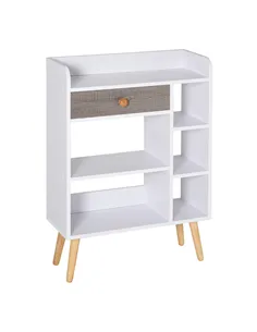 HOMCOM Bookcase, Freestanding Book Shelf with Storage Drawer, 6 Shelves and Wood Legs for Home Office Display, White and Grey, 2