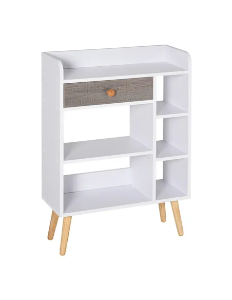 HOMCOM Bookcase, Freestanding Book Shelf with Storage Drawer, 6 Shelves and Wood Legs for Home Office Display, White and Grey, 2