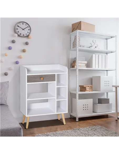HOMCOM Bookcase, Freestanding Book Shelf with Storage Drawer, 6 Shelves and Wood Legs for Home Office Display, White and Grey, 2