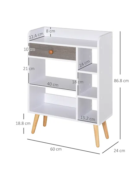 HOMCOM Bookcase, Freestanding Book Shelf with Storage Drawer, 6 Shelves and Wood Legs for Home Office Display, White and Grey, 2