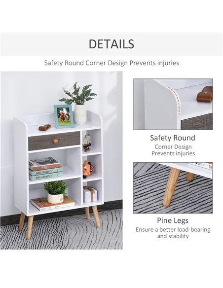 HOMCOM Bookcase, Freestanding Book Shelf with Storage Drawer, 6 Shelves and Wood Legs for Home Office Display, White and Grey, 2