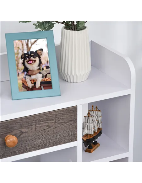 HOMCOM Bookcase, Freestanding Book Shelf with Storage Drawer, 6 Shelves and Wood Legs for Home Office Display, White and Grey, 2