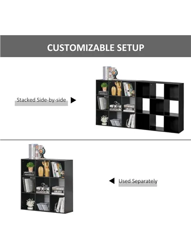 HOMCOM 3-tier 9 Cubes Storage Unit Particle Board Cupboard Bookcase Organiser Home Office Shelves, Black