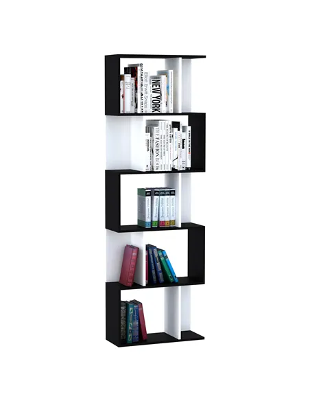 HOMCOM Bookcase, S-Shaped Wooden Bookshelf, 5/6 Tiers Freestanding Storage Shelf, Home Office Decorative Display Stand Rack, Bla
