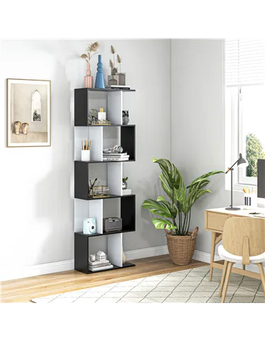 HOMCOM Bookcase, S-Shaped Wooden Bookshelf, 5/6 Tiers Freestanding Storage Shelf, Home Office Decorative Display Stand Rack, Bla