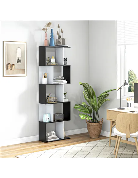 HOMCOM Bookcase, S-Shaped Wooden Bookshelf, 5/6 Tiers Freestanding Storage Shelf, Home Office Decorative Display Stand Rack, Bla