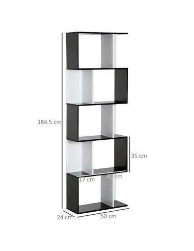 HOMCOM Bookcase, S-Shaped Wooden Bookshelf, 5/6 Tiers Freestanding Storage Shelf, Home Office Decorative Display Stand Rack, Bla