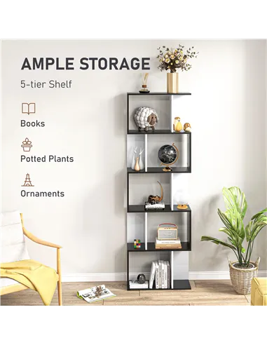 HOMCOM Bookcase, S-Shaped Wooden Bookshelf, 5/6 Tiers Freestanding Storage Shelf, Home Office Decorative Display Stand Rack, Bla